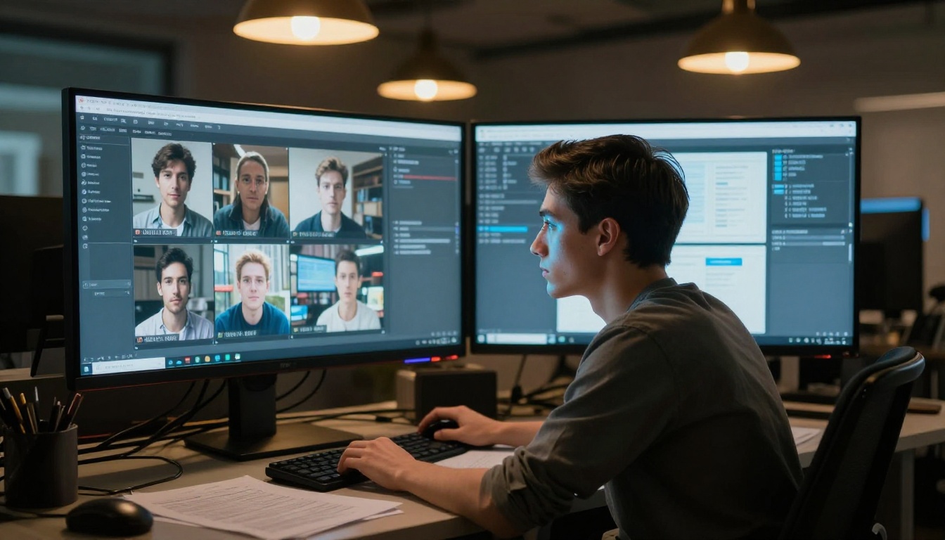 A young professional reviewing an AI-generated video storyboard across two monitors in a creative agency office