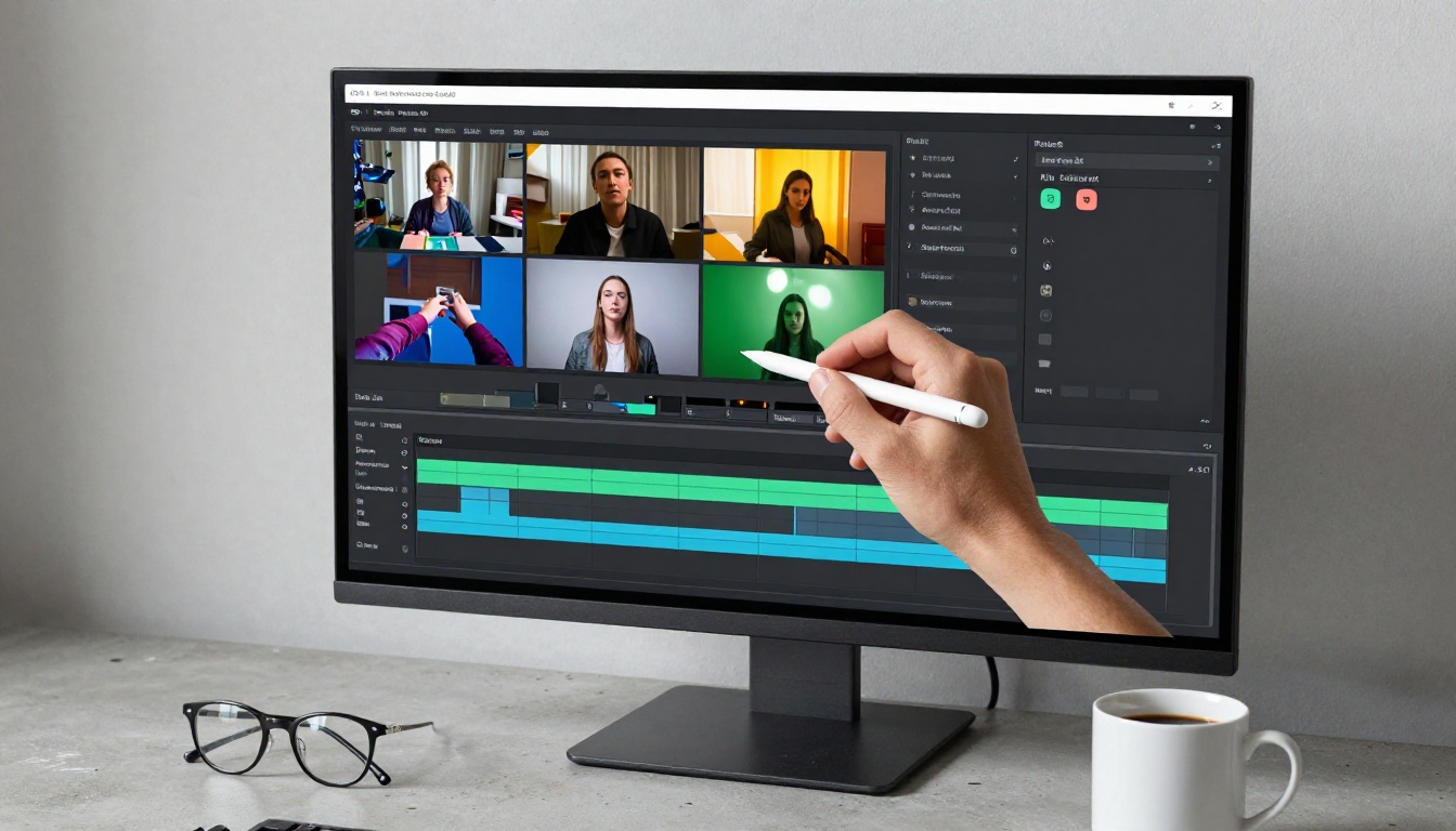 Video editing timeline viewed from above on a monitor