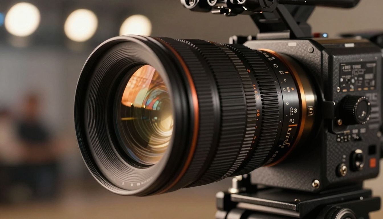 Close-up of a professional cinema camera lens mounted on a carbon fiber rig Close-up of a professional cinema camera lens mounted on a carbon fiber rig