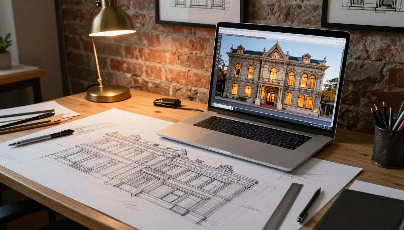 An architect's studio with drafting sketches spread on a table and a desktop monitor showing the same facade as a photorealistic Victorian building