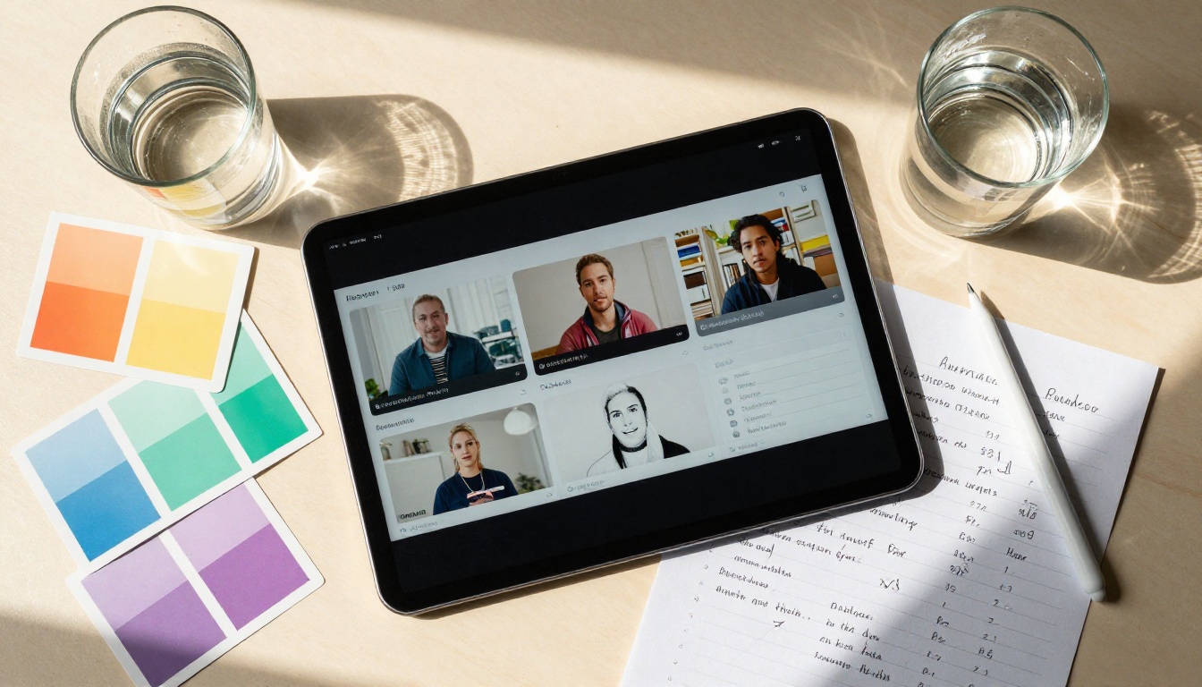 Aerial flat lay of a desk with a tablet showing an AI video interface, color swatches, and handwritten script notes