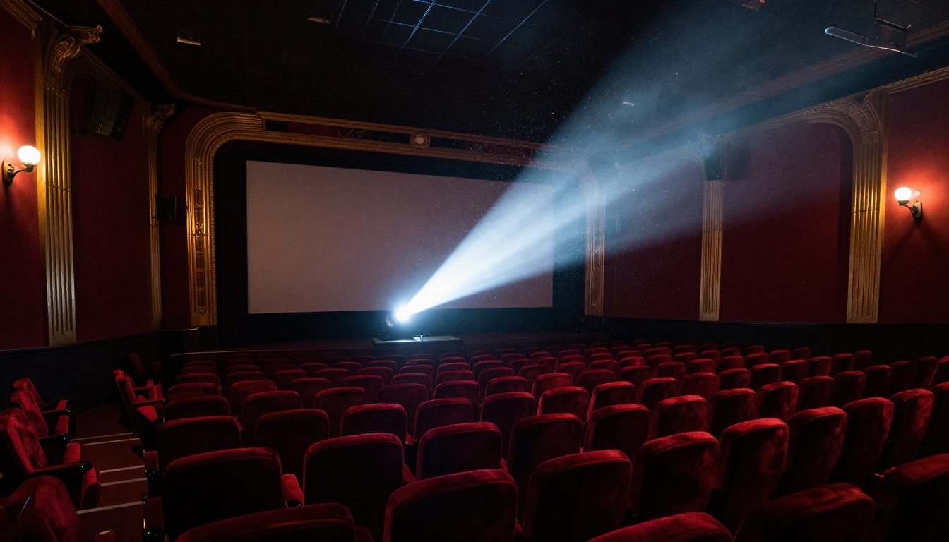 Interior of a grand cinema theater with a projector beam cutting through darkness Interior of a grand cinema theater with a projector beam cutting through darkness