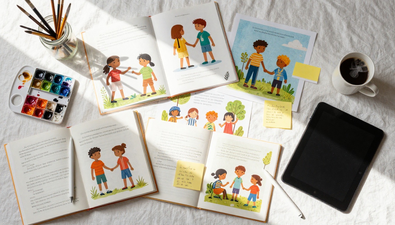 Flat lay aerial view of a storybook art workspace with books and brushes