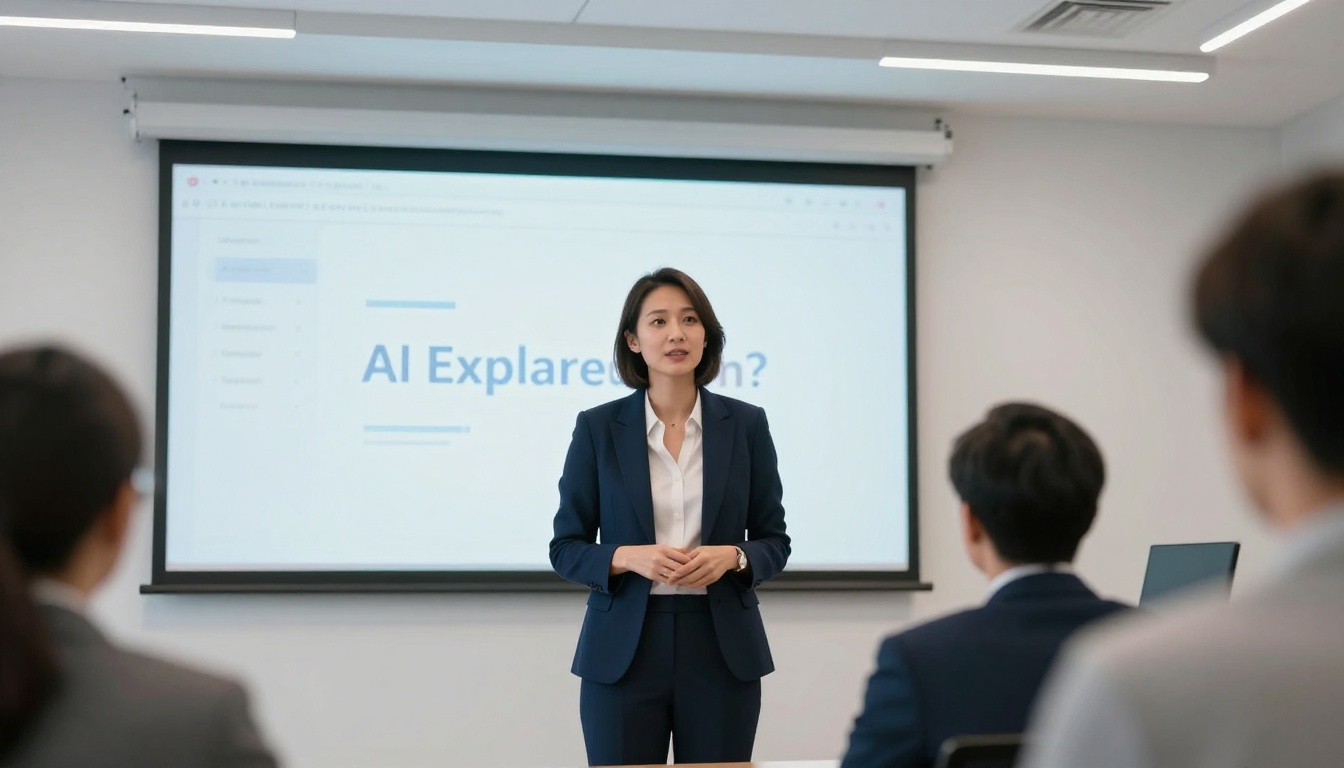 A businesswoman presenting an AI explainer video frame on a projector screen in a modern conference room