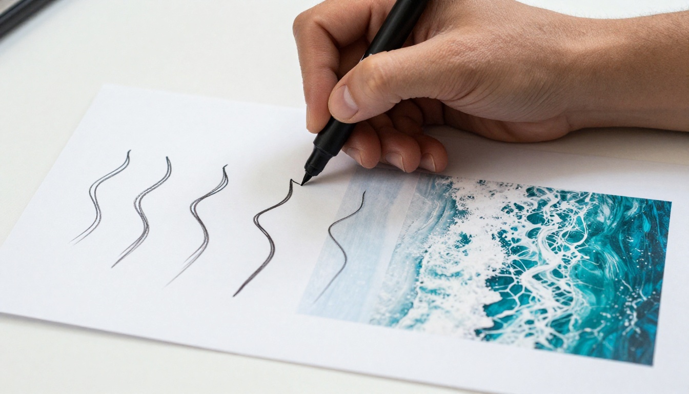 A hand drawing wave shapes on paper showing a visible progression from rough doodle to photorealistic ocean waves on the same page