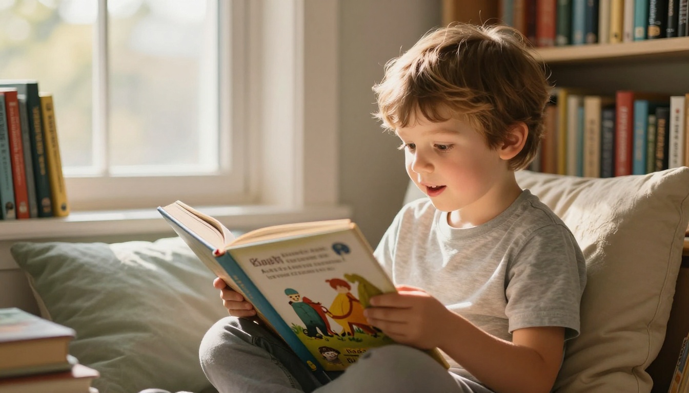 A young child reading a large picture book in a cozy window nook