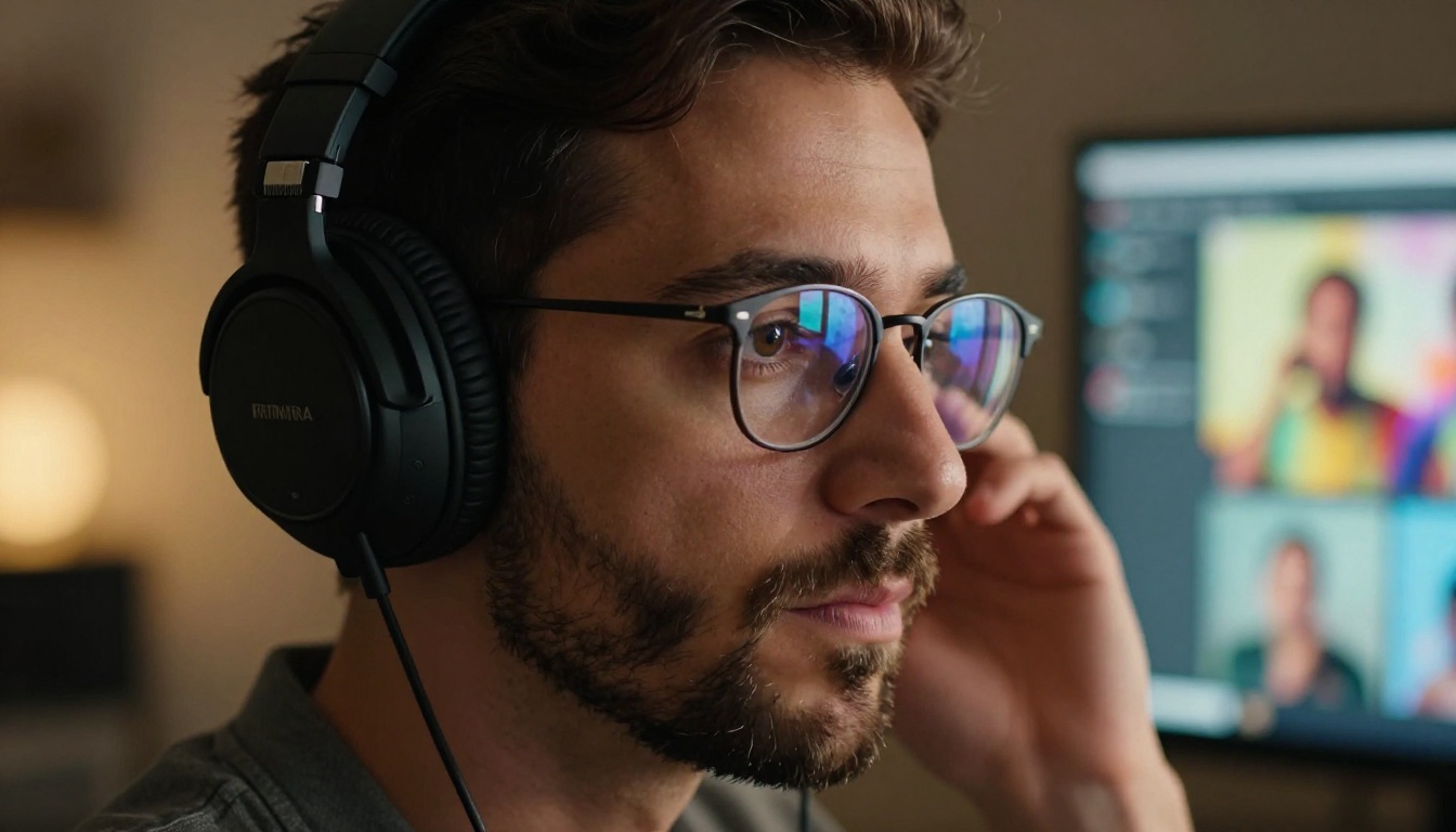 Close-up portrait of a man with headphones watching AI video playback, video frame reflections visible in his glasses