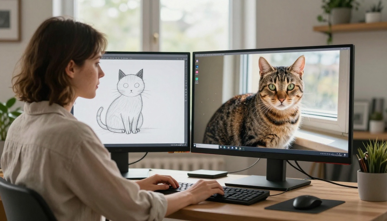 A woman at a modern home office with dual monitors showing a crayon cat drawing on one screen and the photorealistic tabby cat AI result on the other