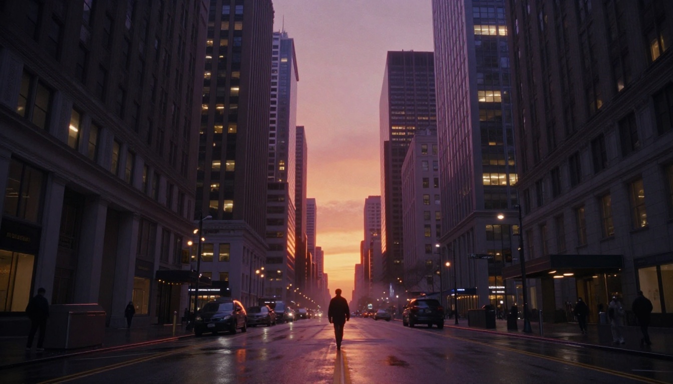 Wide-angle establishing shot of a dramatic fog-filled city street at dusk with a lone figure Wide-angle establishing shot of a dramatic fog-filled city street at dusk with a lone figure