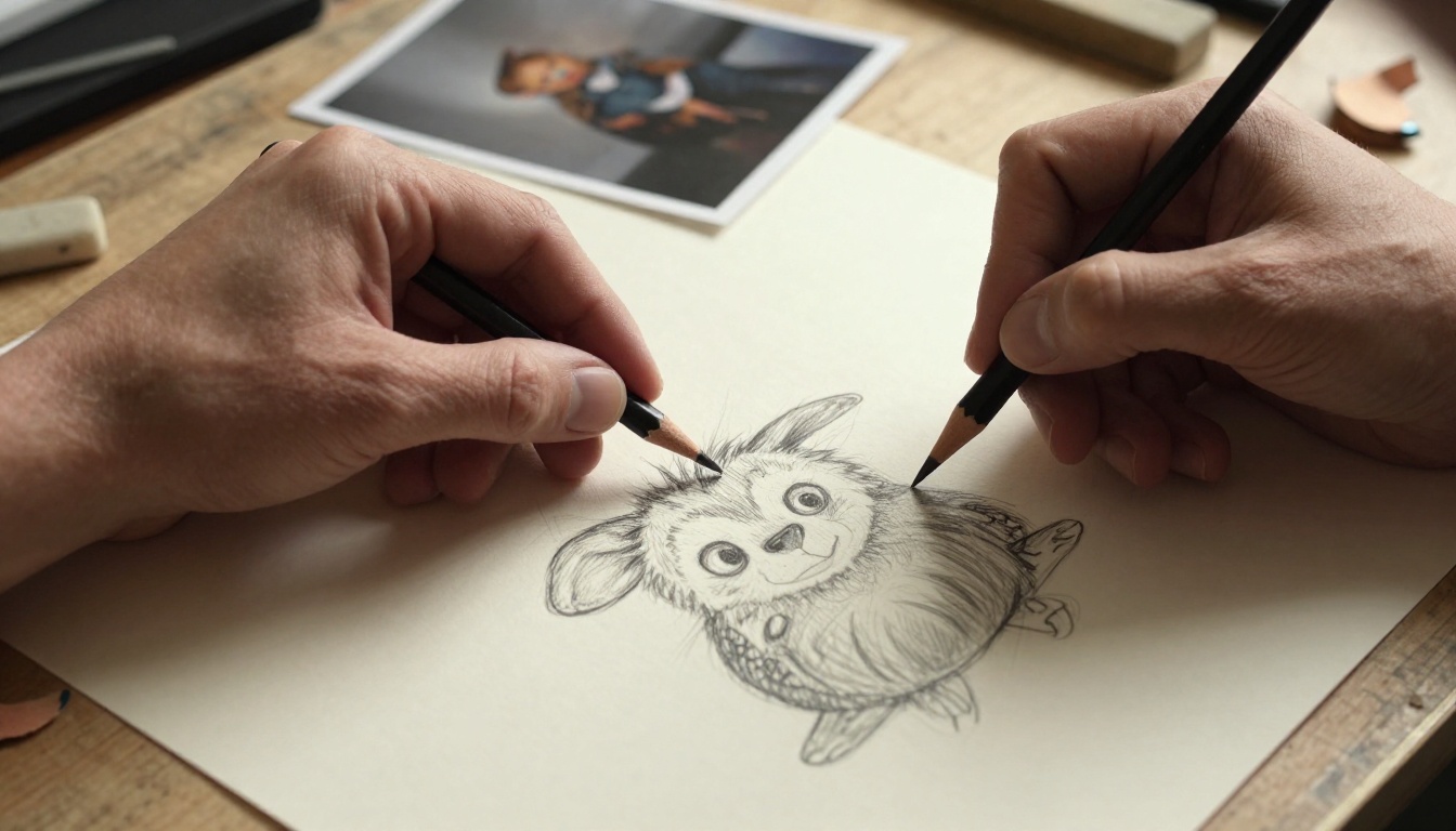 Artist's hands sketching a character on cartridge paper