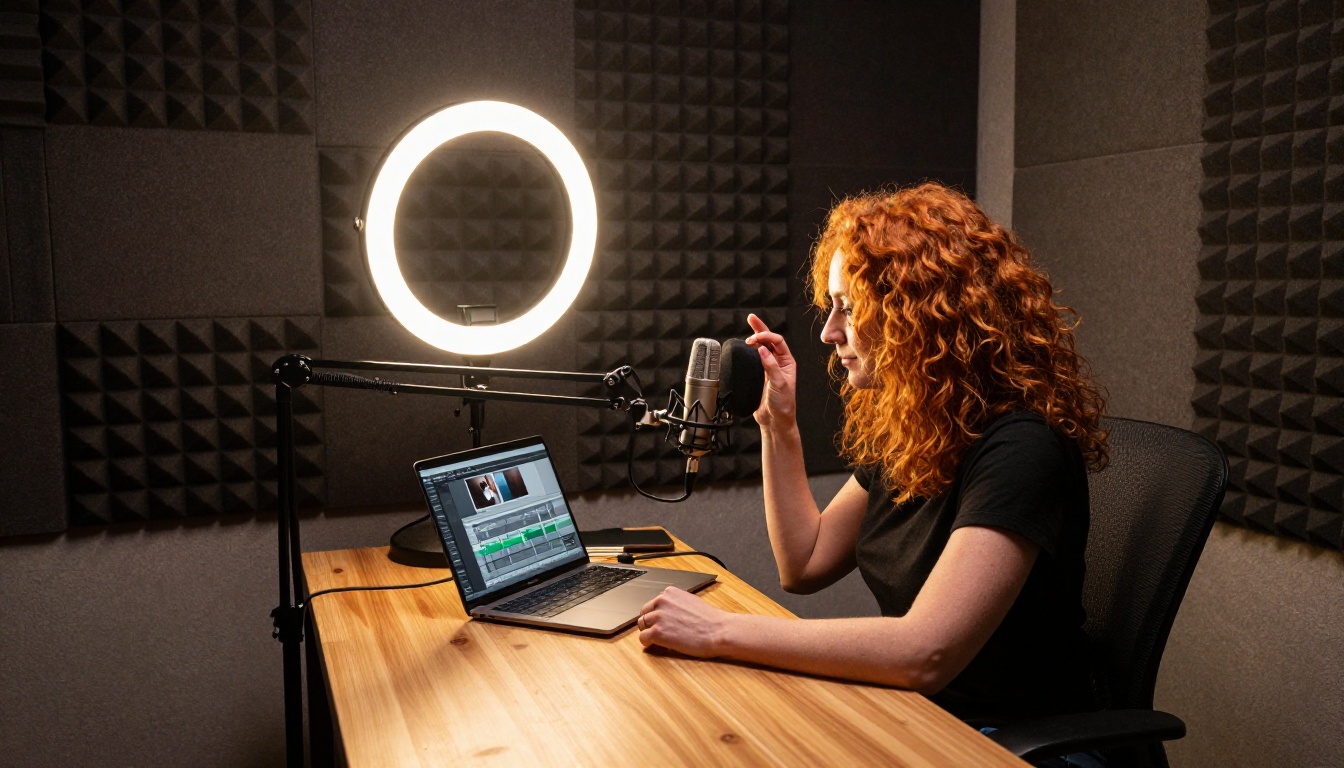 Wide-angle view of a podcast-style studio with acoustic foam panels, a ring light, and a woman adjusting a microphone while reviewing a video timeline Wide-angle view of a podcast-style studio with acoustic foam panels, a ring light, and a woman adjusting a microphone while reviewing a video timeline