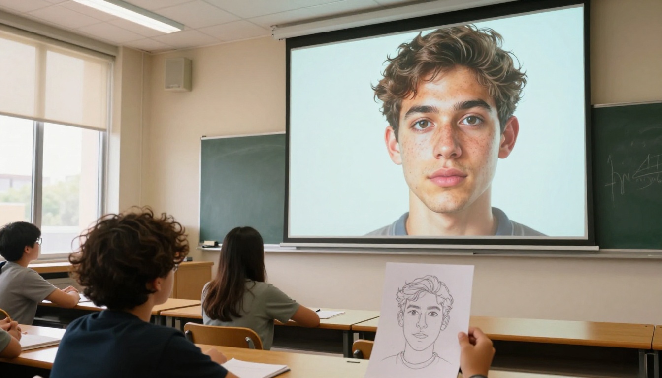A design school classroom with a student holding up a doodle portrait while the projector screen shows the AI-generated photorealistic version