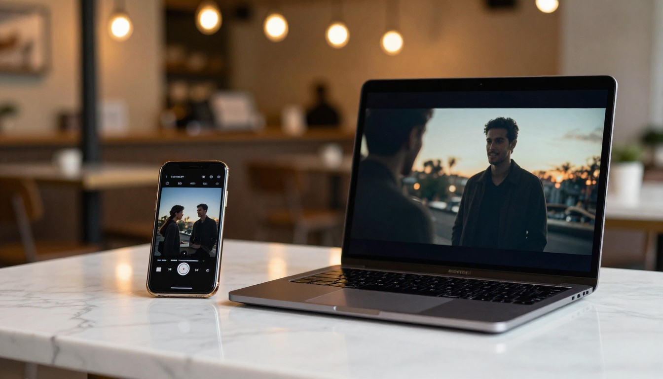 Phone and laptop side by side showing the same video content playing