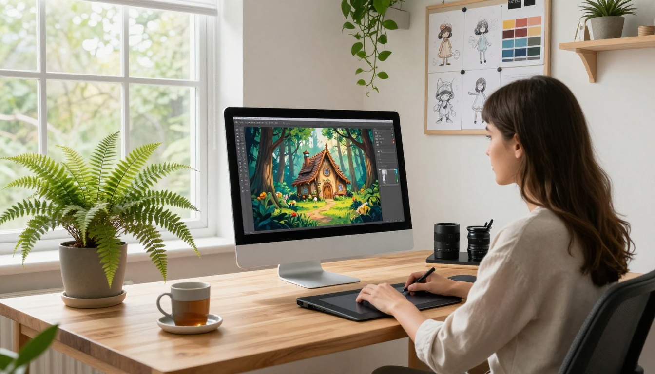 Bright airy studio workspace with a digital drawing tablet and iMac