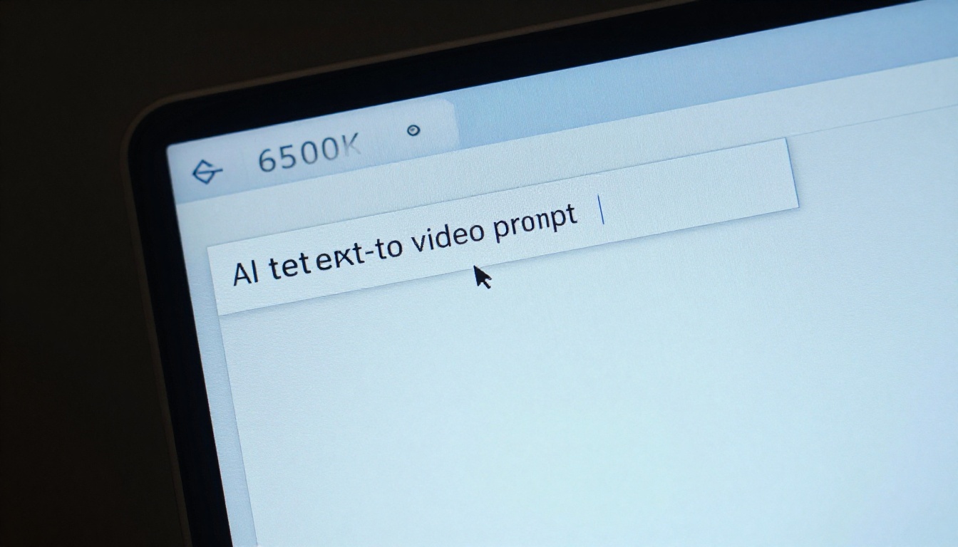 Extreme close-up macro shot of a laptop screen showing an AI text-to-video prompt field with text typed in Extreme close-up macro shot of a laptop screen showing an AI text-to-video prompt field with text typed in