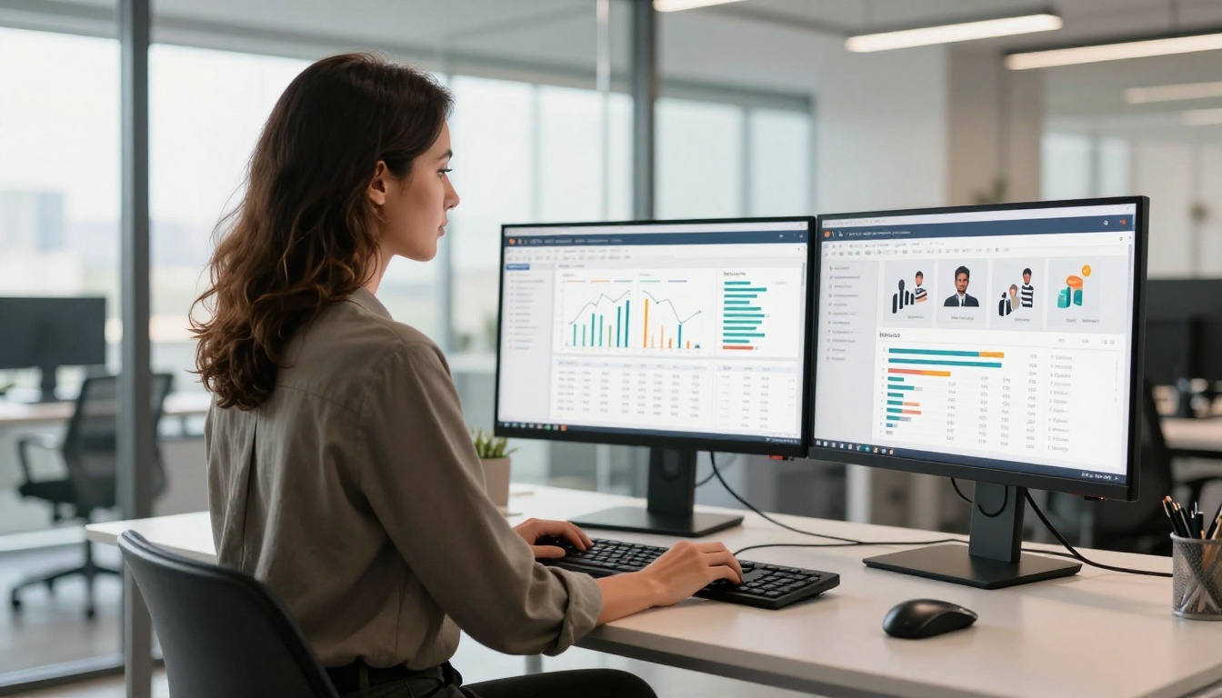A marketing professional reviewing video analytics on dual monitors