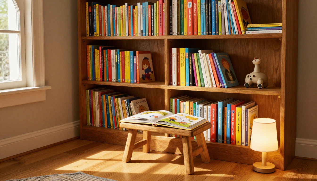 A cozy home library corner with colorful children's books on built-in shelves