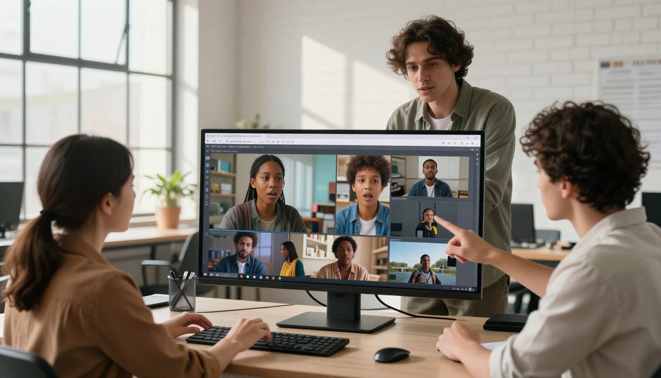 A diverse creative team of three people gathered around a monitor pointing at AI-generated video storyboard frames in a bright open-plan office A diverse creative team of three people gathered around a monitor pointing at AI-generated video storyboard frames in a bright open-plan office