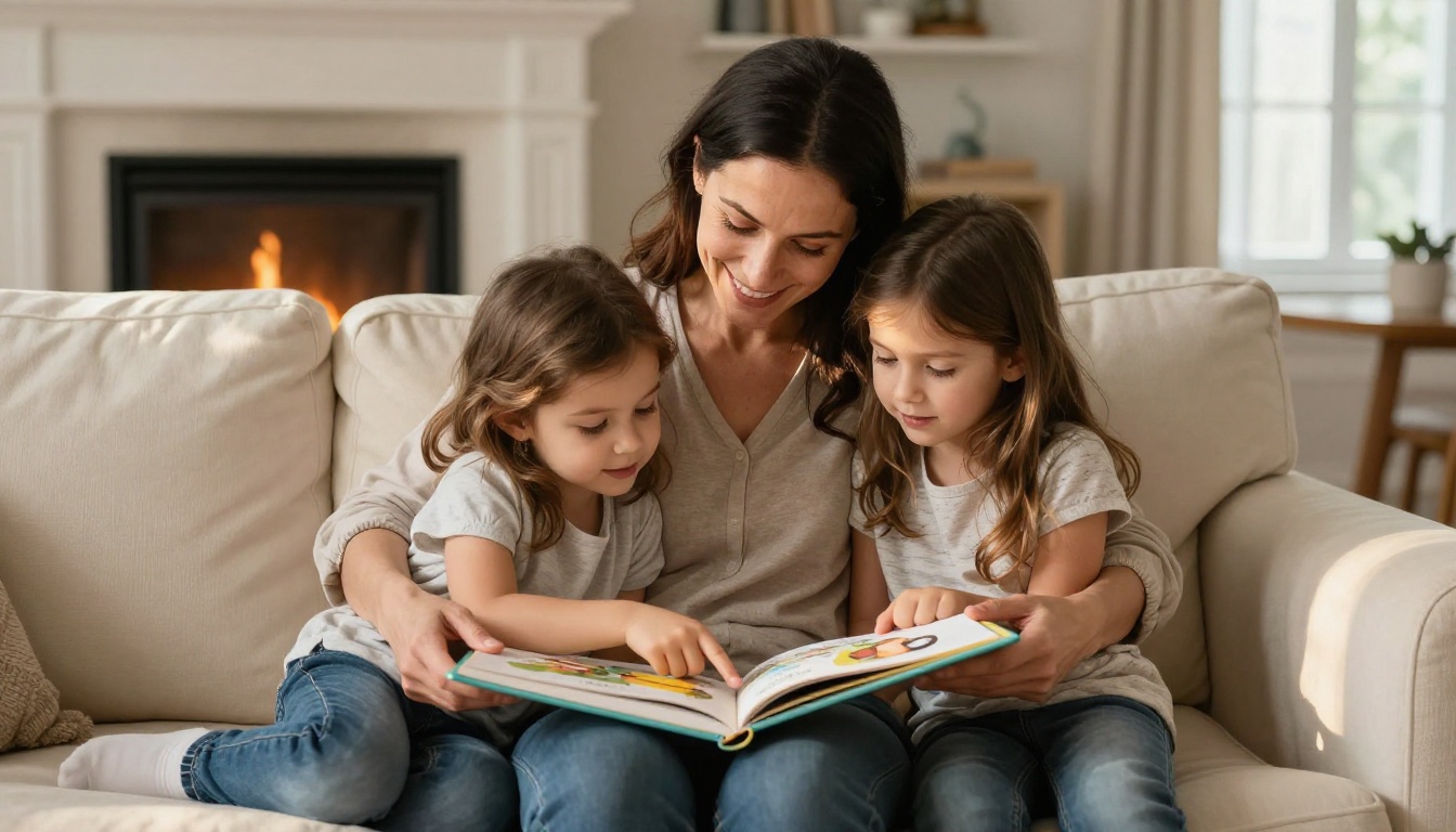 A mother and young daughter reading a printed storybook together on a sofa