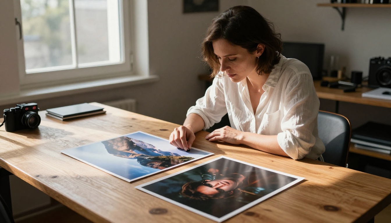 A professional photographer reviewing two photos at her workspace, preparing to blend them into a single composite image