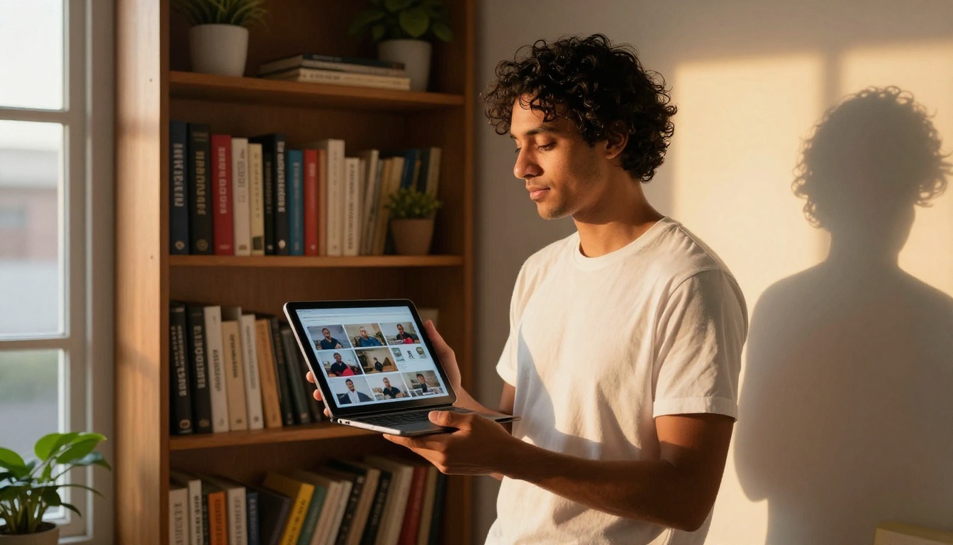 A solo entrepreneur holding a tablet showing a completed AI explainer video, standing confidently in front of a bookshelf A solo entrepreneur holding a tablet showing a completed AI explainer video, standing confidently in front of a bookshelf