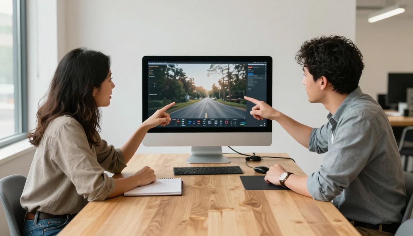 A content creator and colleague reviewing AI video on a monitor together