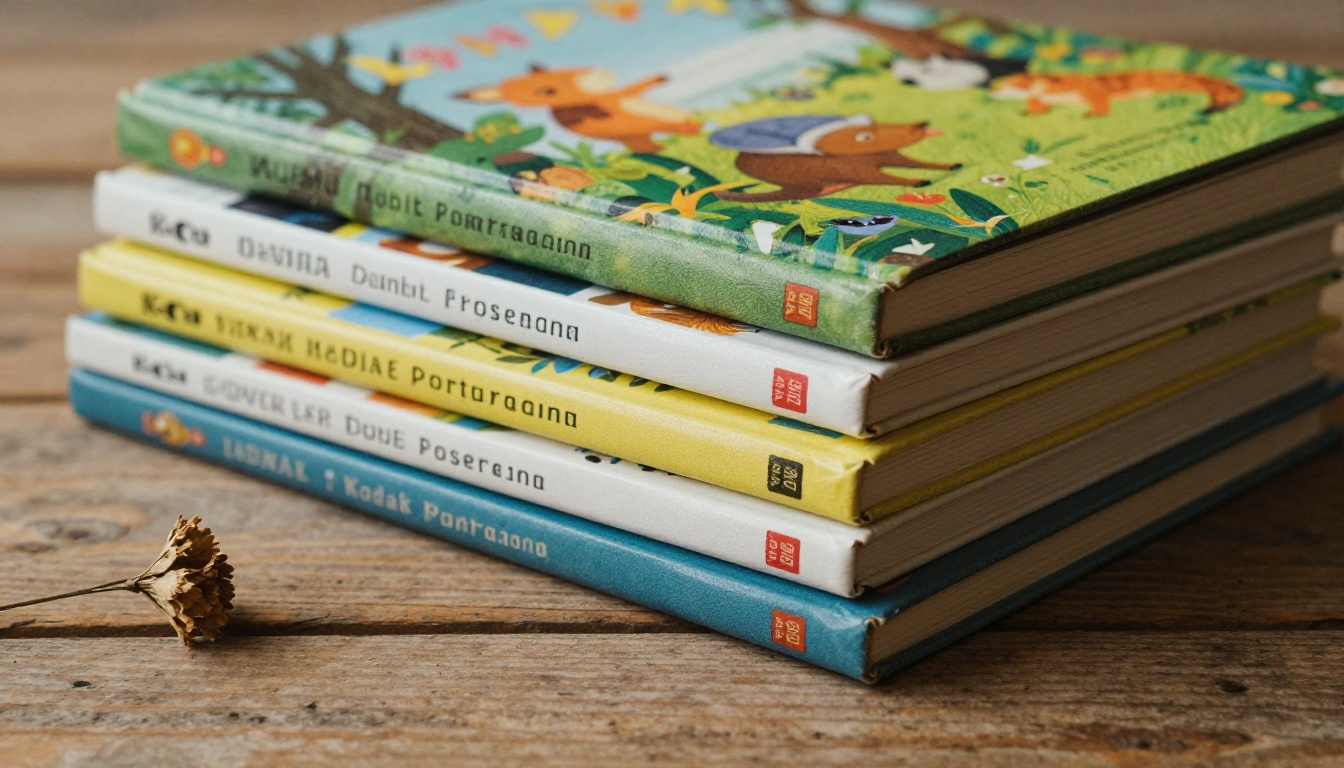A stack of colorful children's picture books on a rustic wooden surface
