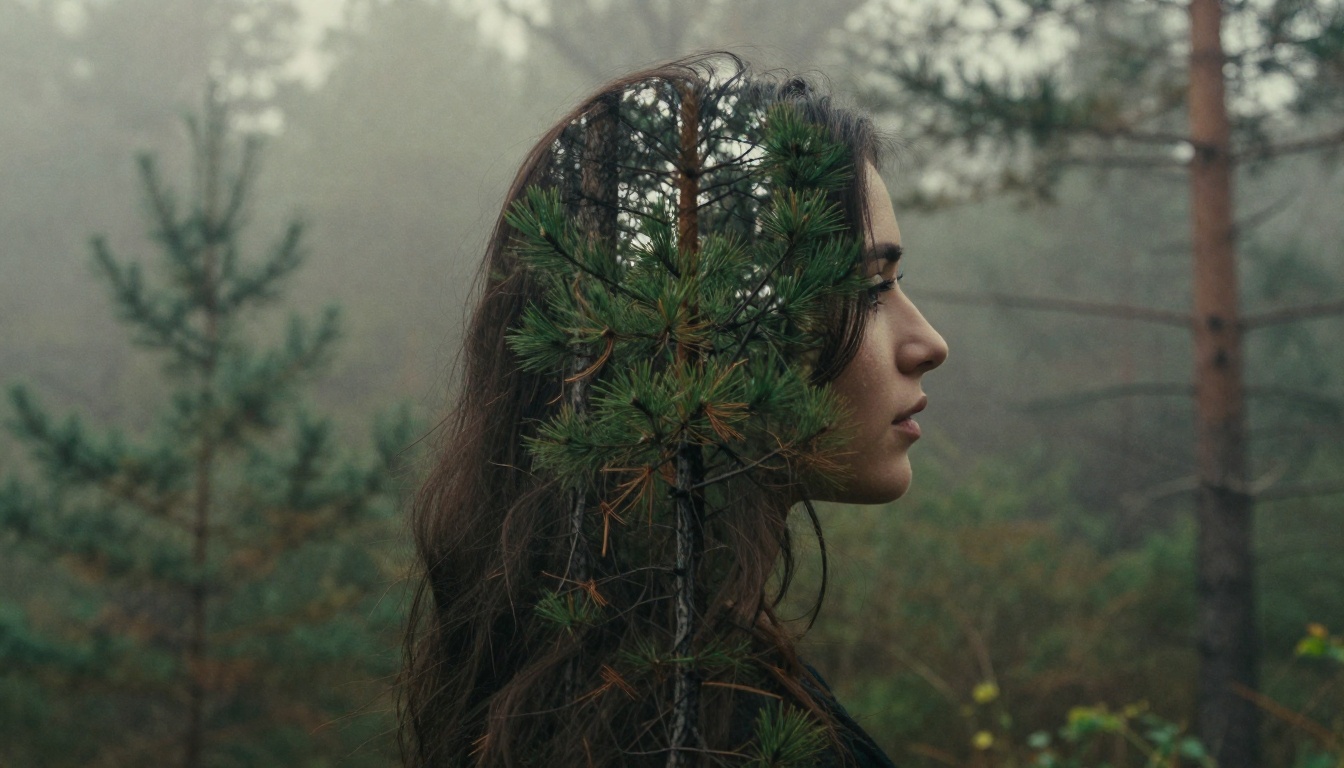 A double exposure portrait of a woman silhouetted against a pine forest, demonstrating seamless AI photo blending