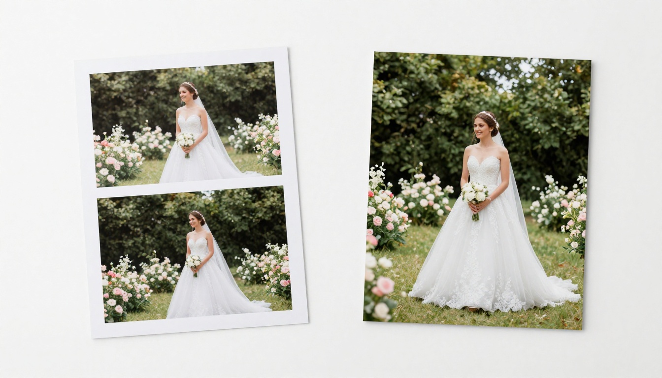 Before and after comparison showing two separate printed photos on the left and the perfectly blended AI composite on the right