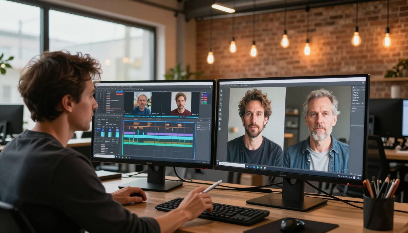 A creative director at a professional editing workstation, with two separate photos on the left monitor and the AI-blended result on the right