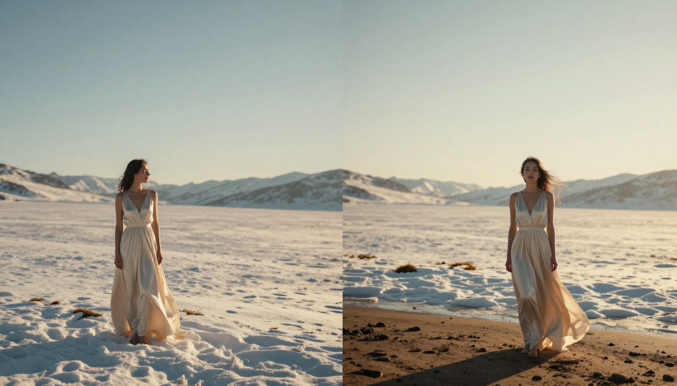 A woman in an ivory dress standing at the shoreline where the beach seamlessly transitions into a snow-covered alpine meadow, a stunning AI photo blend