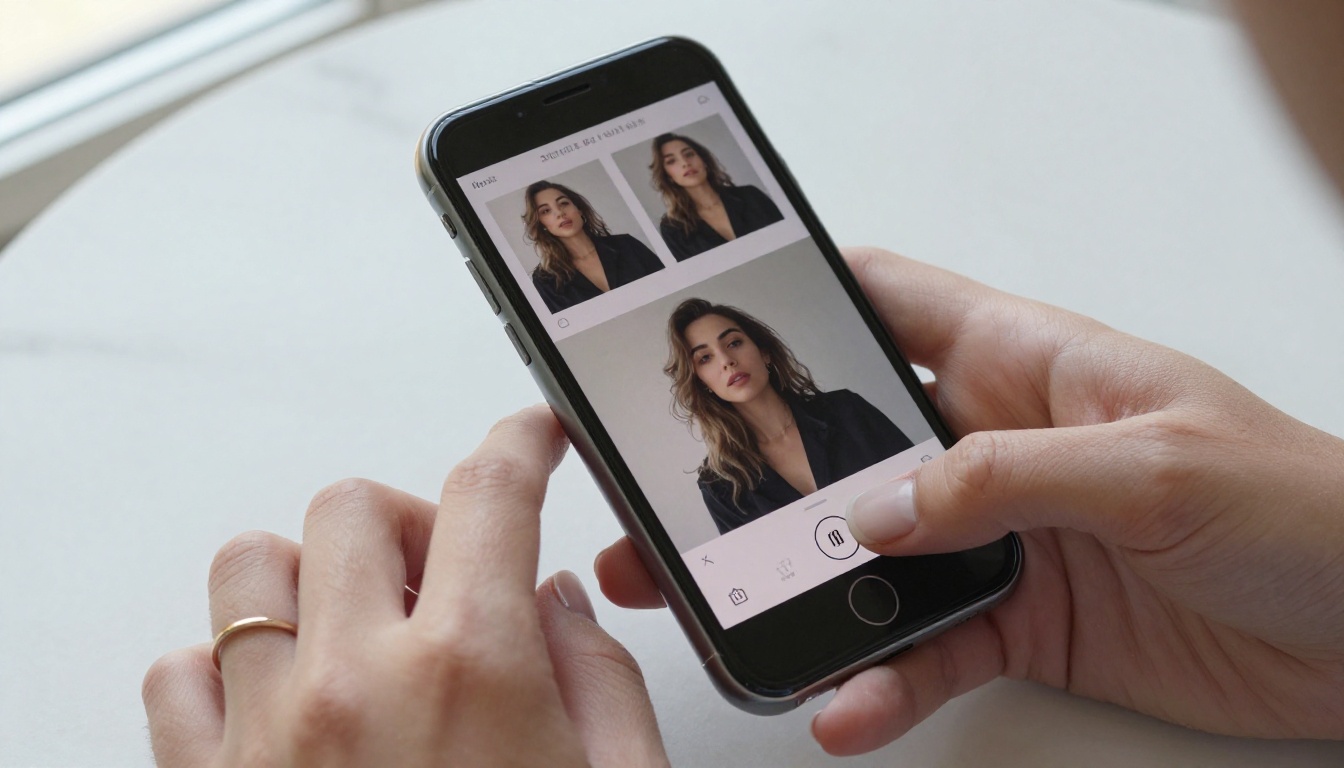 Close-up of a smartphone screen showing an AI photo blending app interface with two portraits being merged into one composite