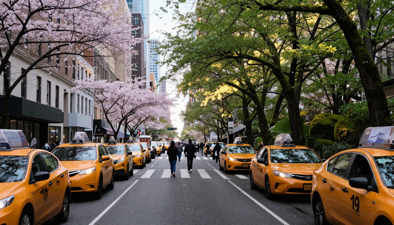 A vibrant New York City street intersection seamlessly blending at the midpoint into a serene Japanese forest path, a perfect dual environment AI photo composite