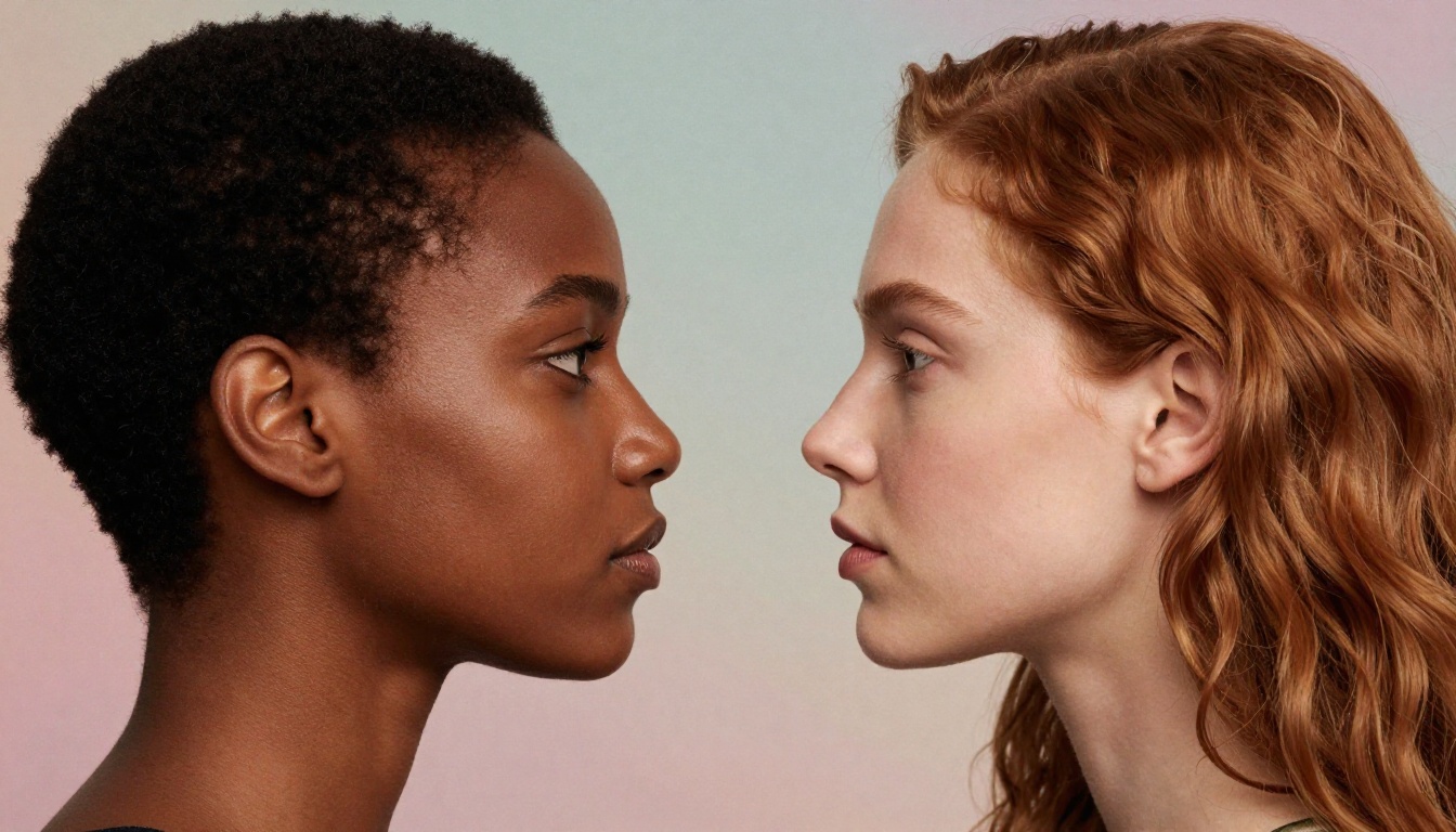 Two female fashion portraits facing each other, gradually merging at the center into a single seamlessly unified face, demonstrating AI dual portrait blending