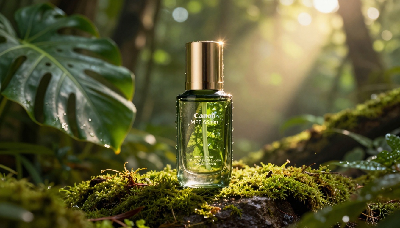 A luxury skincare product artfully composited into a lush tropical rainforest setting, demonstrating professional product and lifestyle AI photo blending
