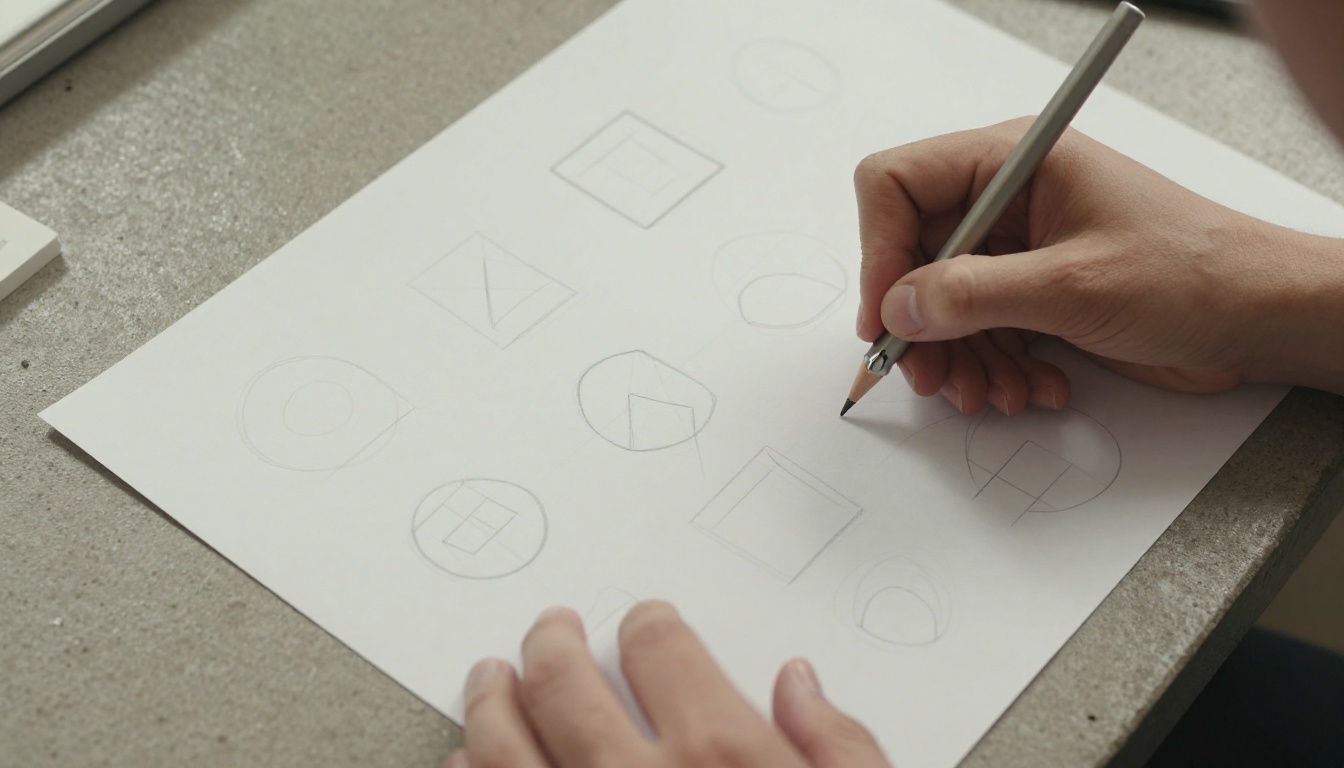 Designer's hands sketching geometric icon shapes on paper