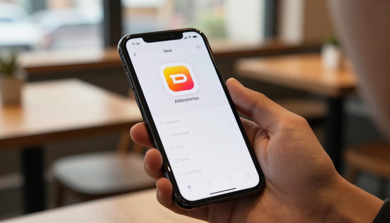 Smartphone held in hand showing app store listing