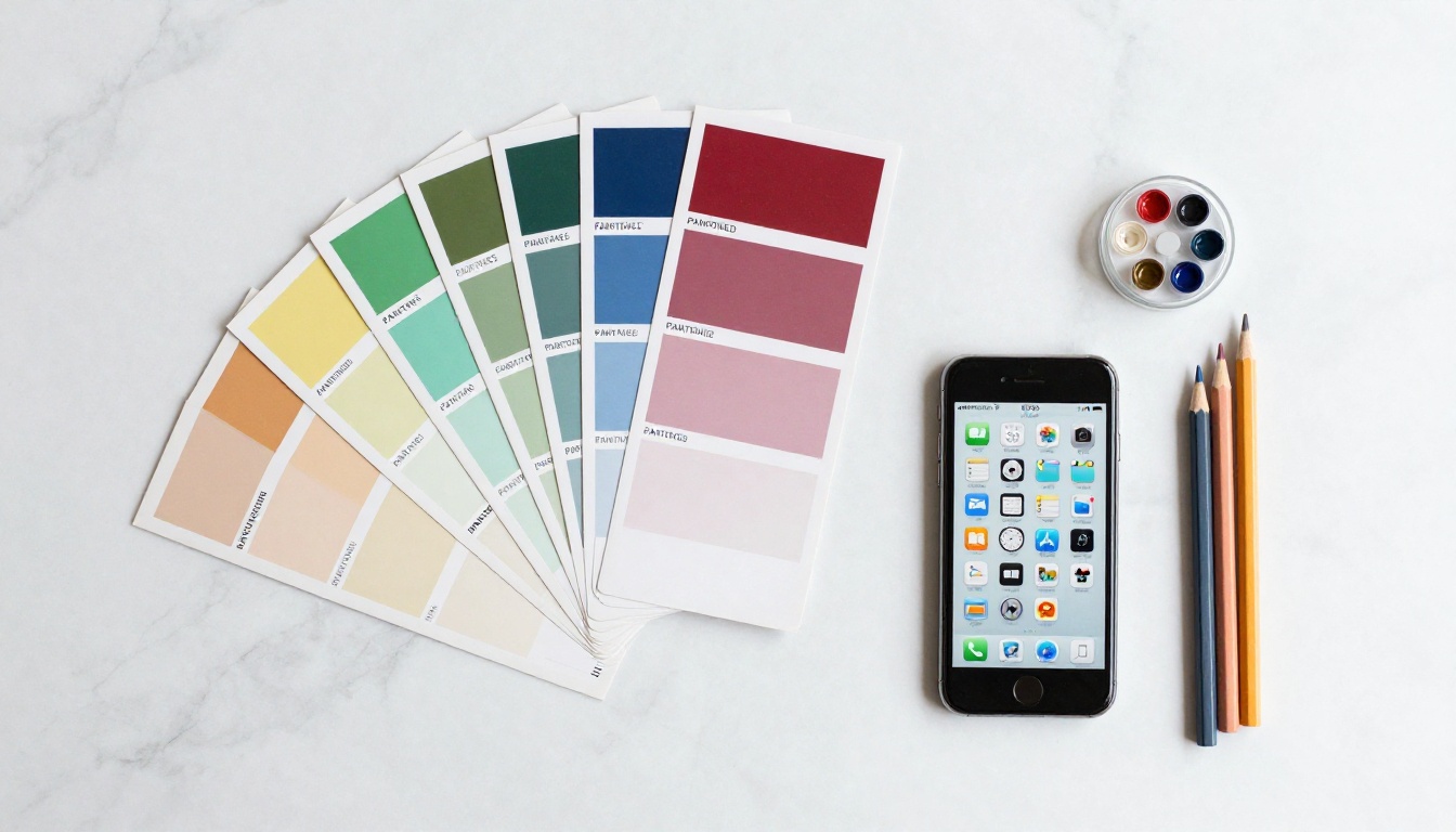 Pantone color swatches with smartphone showing icon set