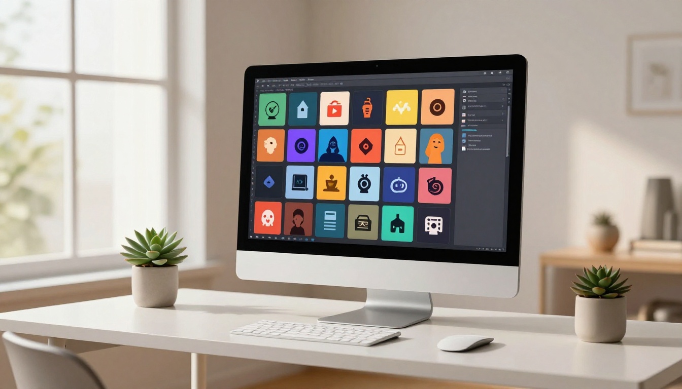 iMac monitor showing AI icon generation interface
