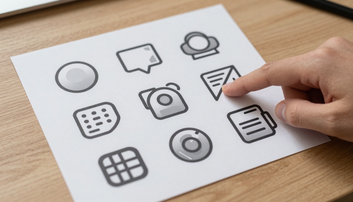 Printed comparison sheet showing 12 icon design variations