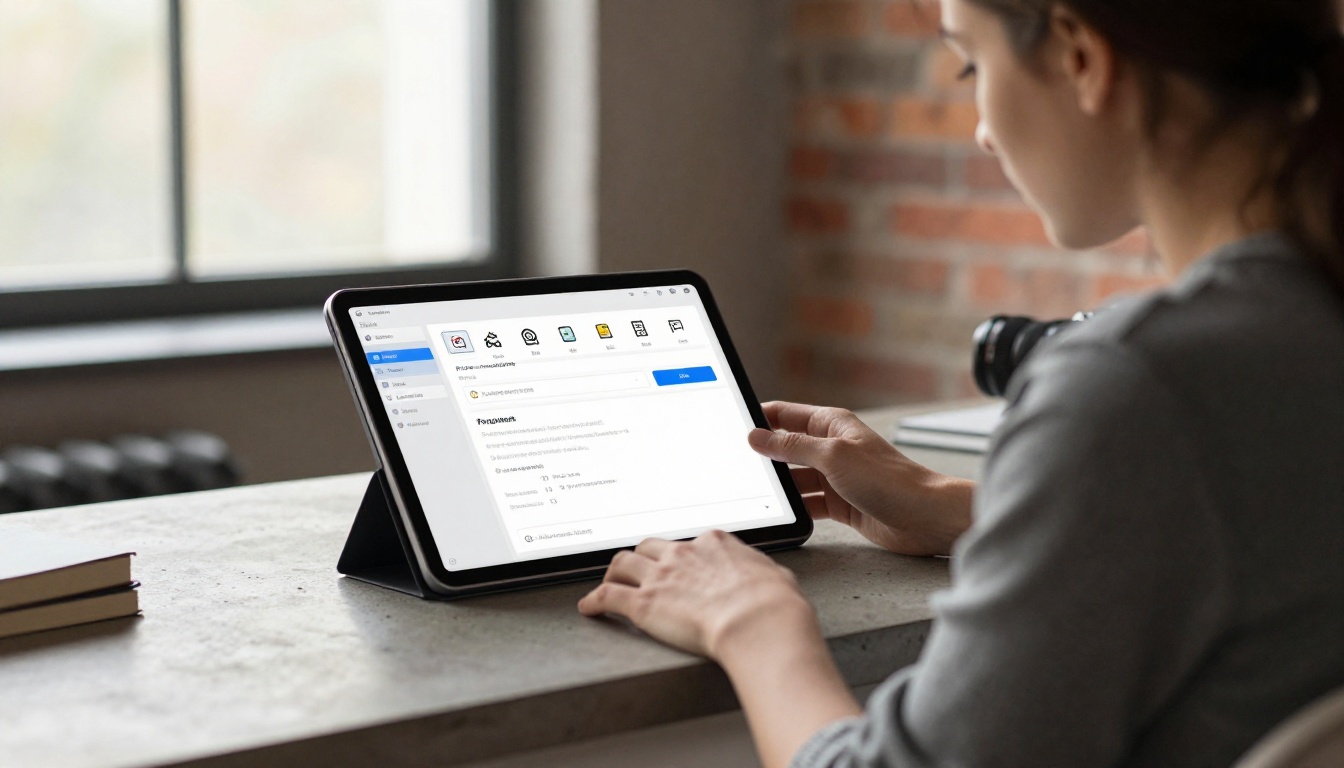 Designer working at desk with AI icon generation tool on screen