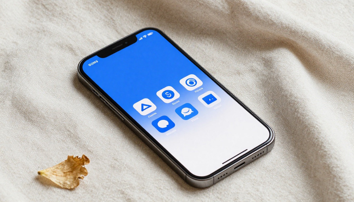 Phone home screen on linen fabric showing coordinated blue and white icon set