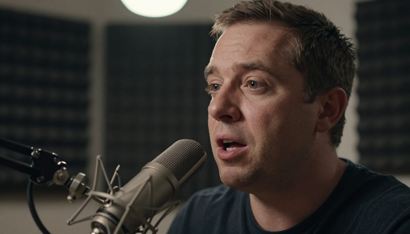 A man recording his voice for a talking avatar audio track