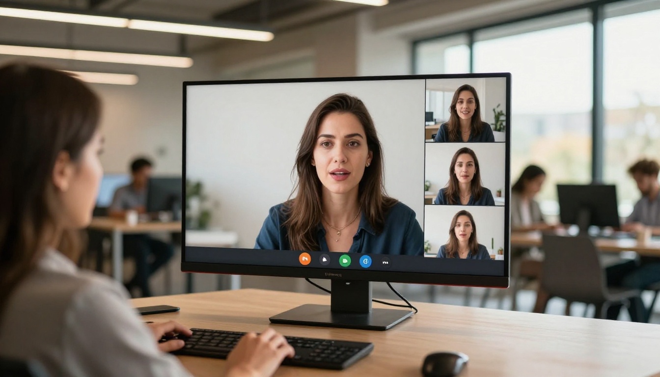 A professional using an AI talking avatar in a virtual presentation