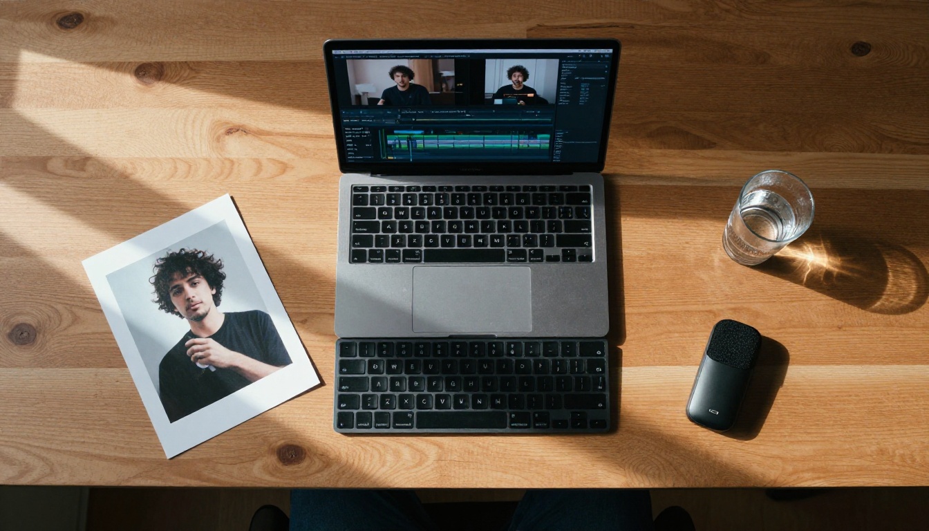 Overhead view of a workspace set up for creating AI talking avatar content