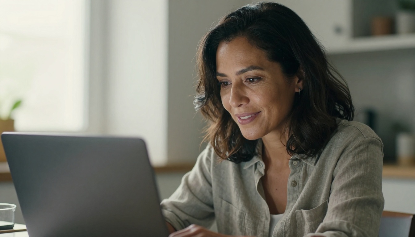 A woman watching her finished talking avatar video with visible satisfaction