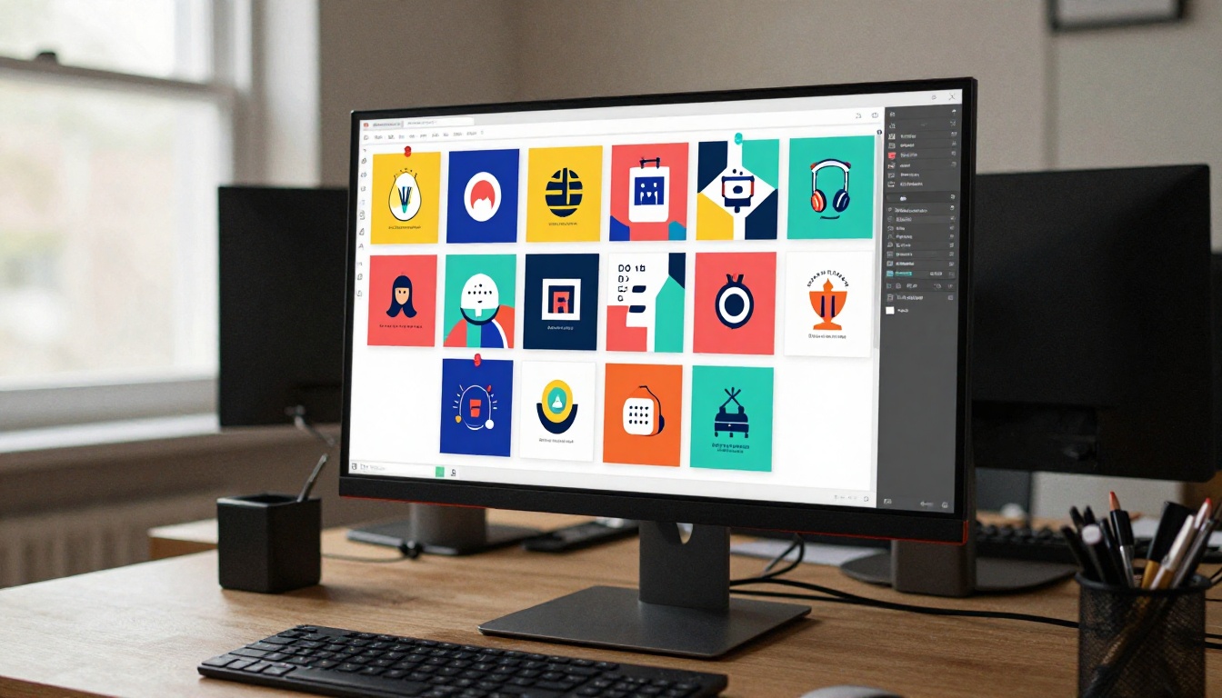 A graphic designer reviewing logo animation storyboards spread across an aerial desk setup with a large curved monitor