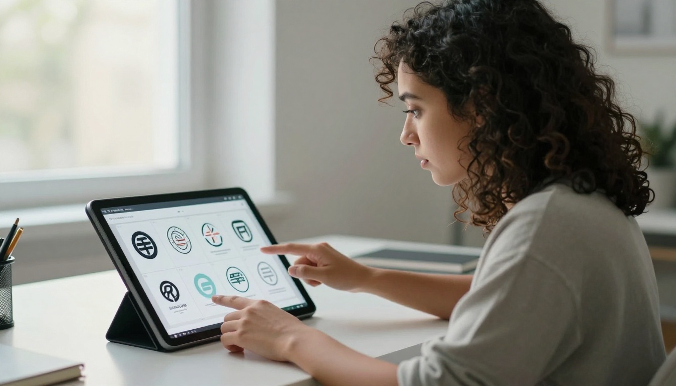 A creative director reviewing logo animation frames on a tablet, bathed in soft diffused afternoon light from a frosted glass window