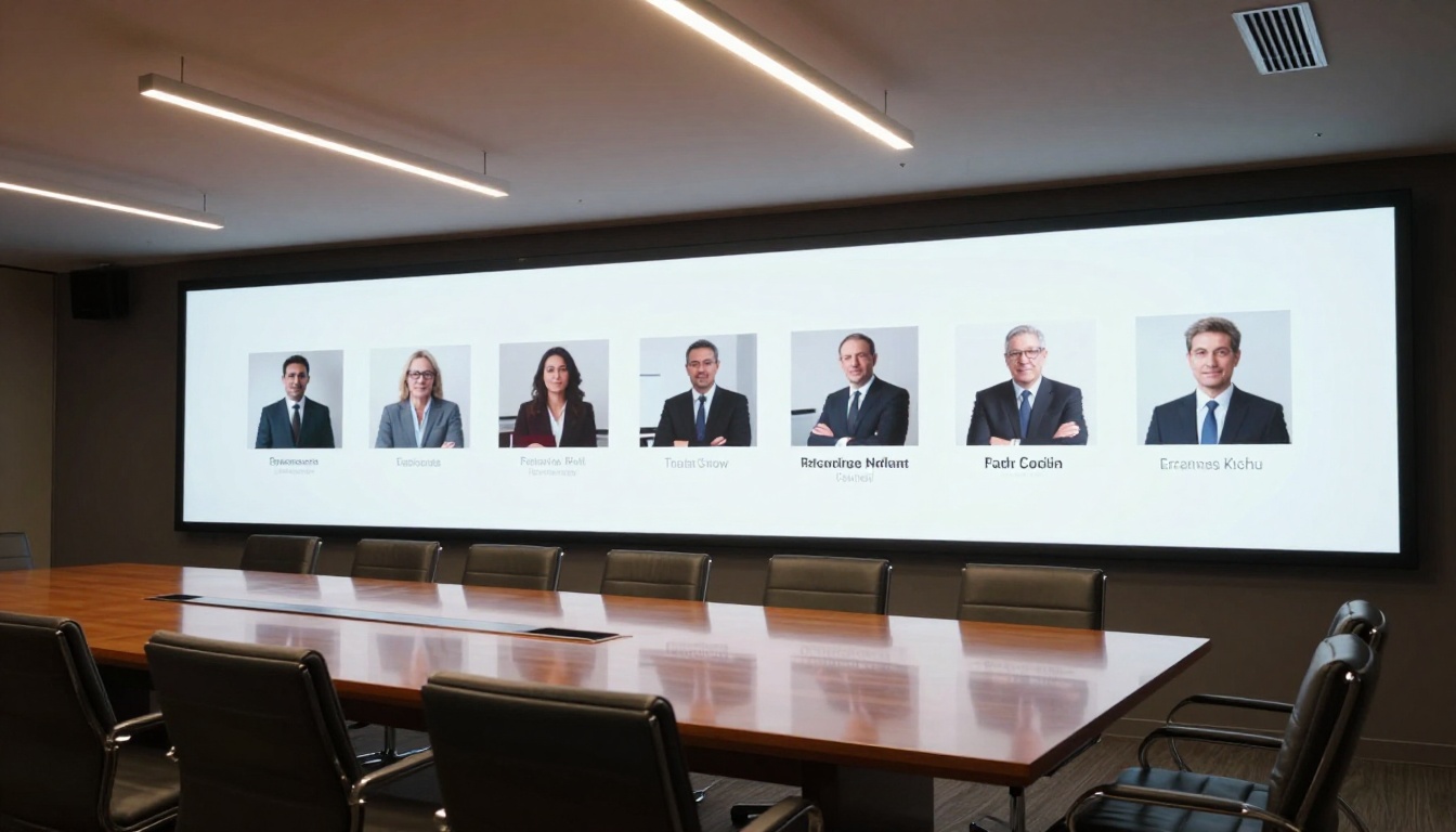 A presentation screen in a modern conference room displaying a brand logo animation sequence as a series of still frames, boardroom setting with warm overhead lighting