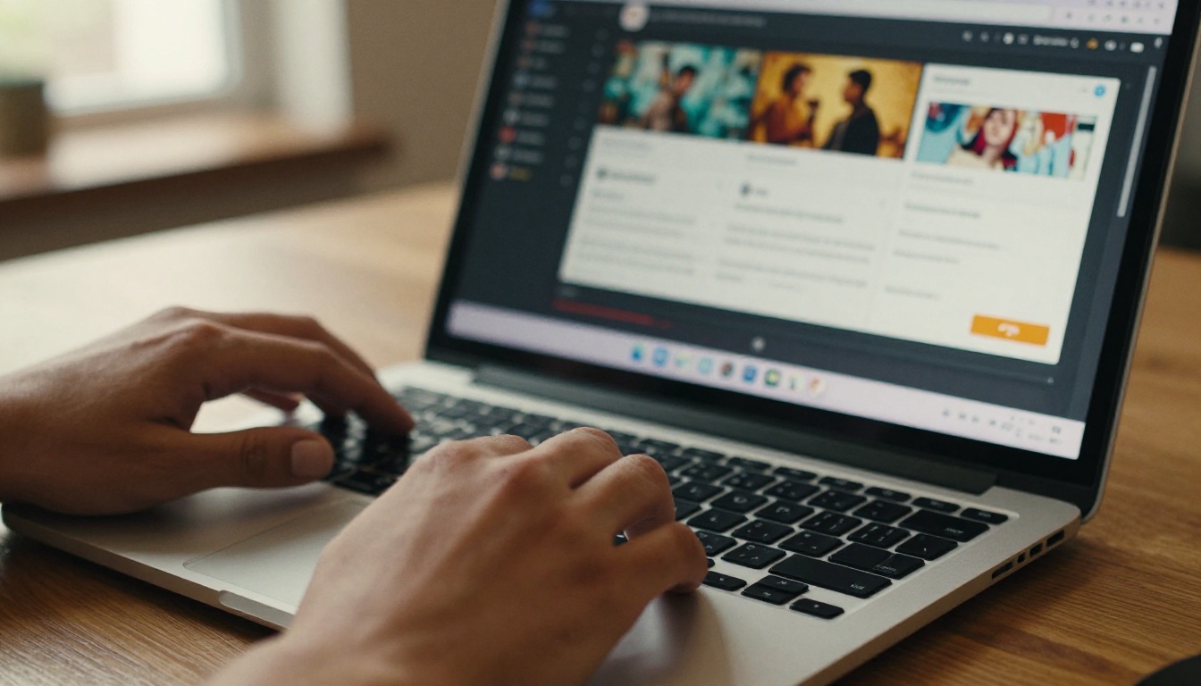 A designer's hands on a laptop keyboard with an AI animation platform interface visible on screen, warm coffee shop ambiance with morning light